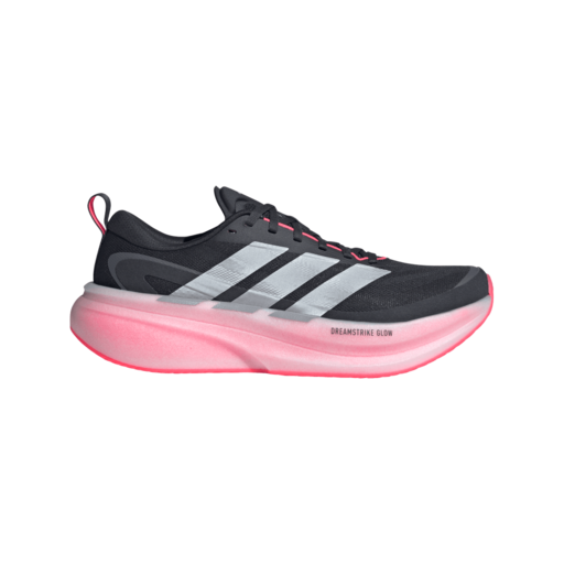 Black running shoes with a pink sole